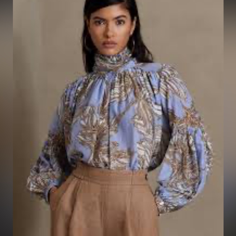 Banana Republic Natali Blue Paisley High-Neck Puff-Sleeve Blouse 28" across p2p